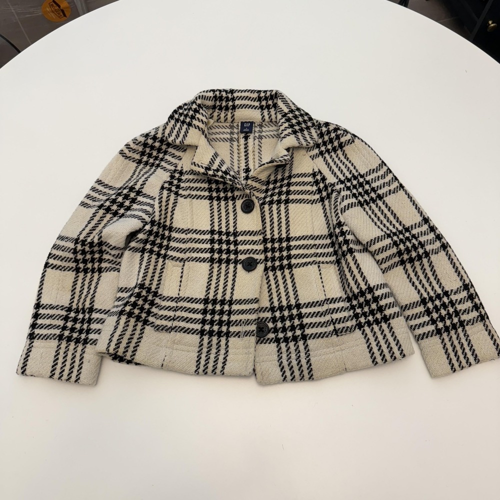 GAP Plaid Tweed RN54023 Black White Wool Blend Button Jacket Womens Small